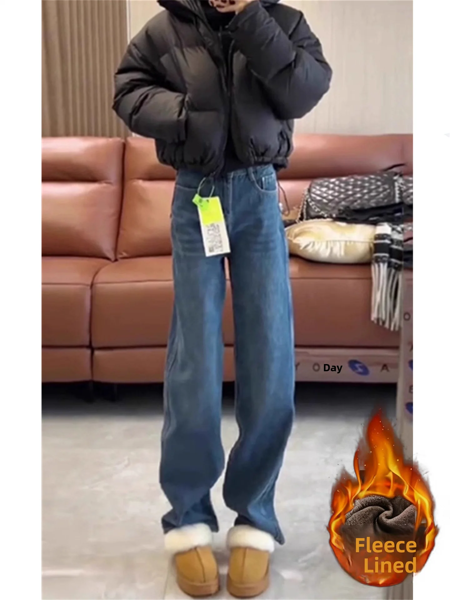 

Thickened Fleece Wide Leg Retro Blue Jeans Women's Winter High Waist Loose Slimming Long Straight Tube Pants Casual Style