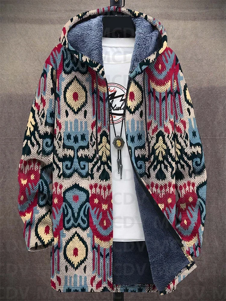 Unisex Retro Ethnic Pattern Print Plush Thick Long-Sleeved Sweater Cardigan Coat