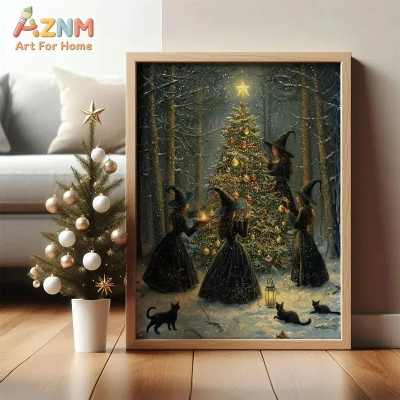 Mystic Snowy Forest Witches Black Cats Christmas Tree Canvas Poster Prints Frameless Wall Art Festive Winter Dark Home Decor
