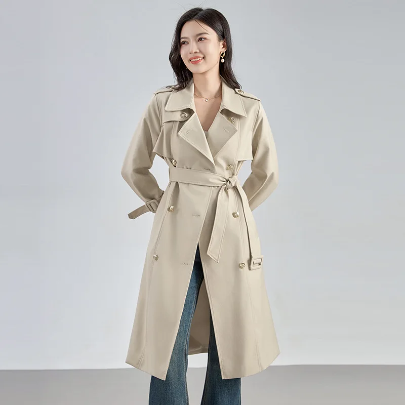 

Lady Vintage British Style Office Wear Notched Long Sleeve Double-breasted Women Solid Windbreaket Midi Coat With Belt