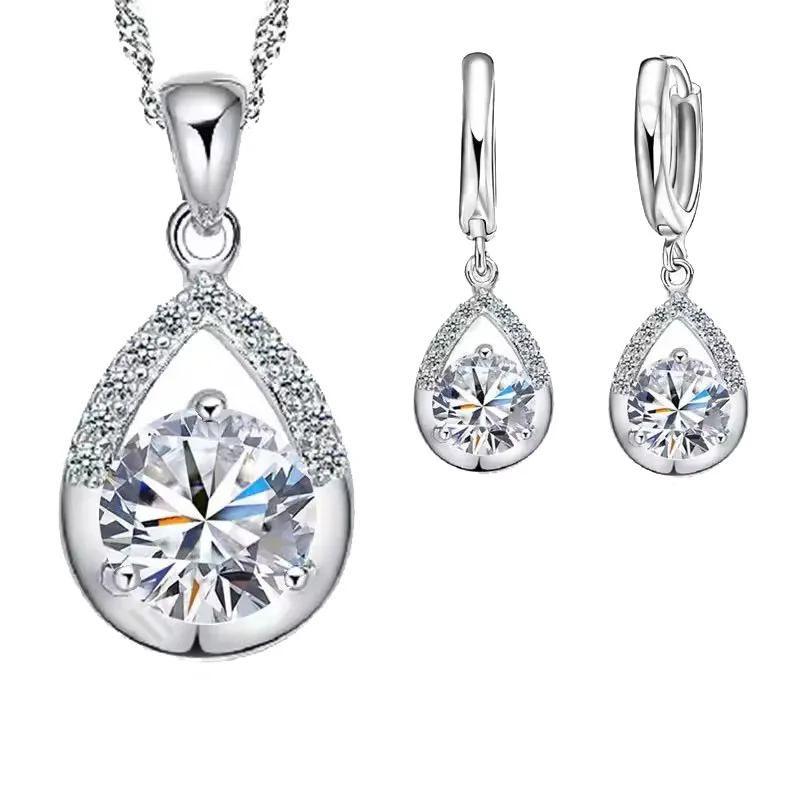 

Fashion Jewelry Sets Pure 925 Sterling Silver White Gold Top Quality Earrings Necklace Set For Women Wedding Dress SET