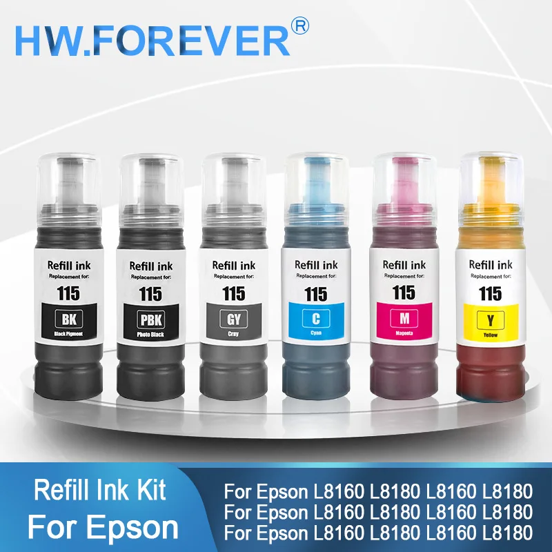 

115 T115 Чернила для заправки красителей на водной основе для принтеров Epson EcoTank L8160 L8180, яркие цвета, 6 цветов, сменные чернила для краски