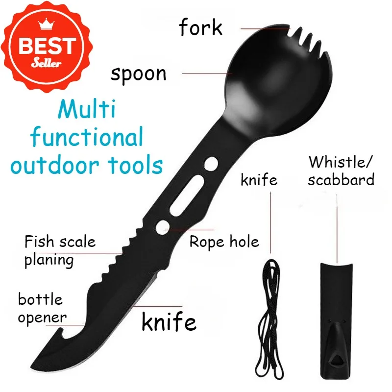 1Pc Outdoor Set Multi Functional Camping Knives Tools Tableware Outdoor Wind Combination Stainless Steel with Whistle Spoon Fork