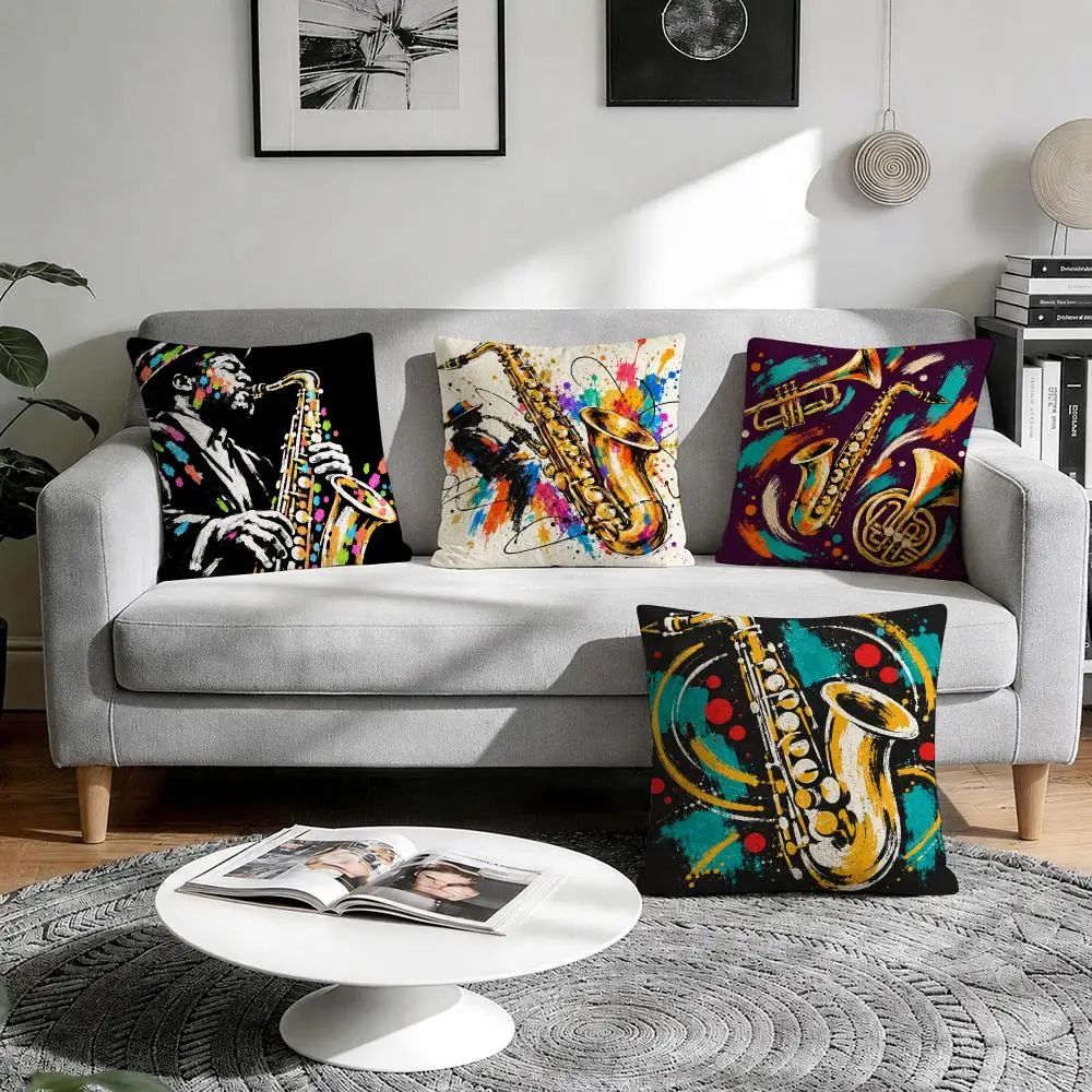 Jazz Instruments Cushion Cover 1/4Pcs Linen Throw Pillow Covers Double-Side Print Sofa Couch Living Room Decor