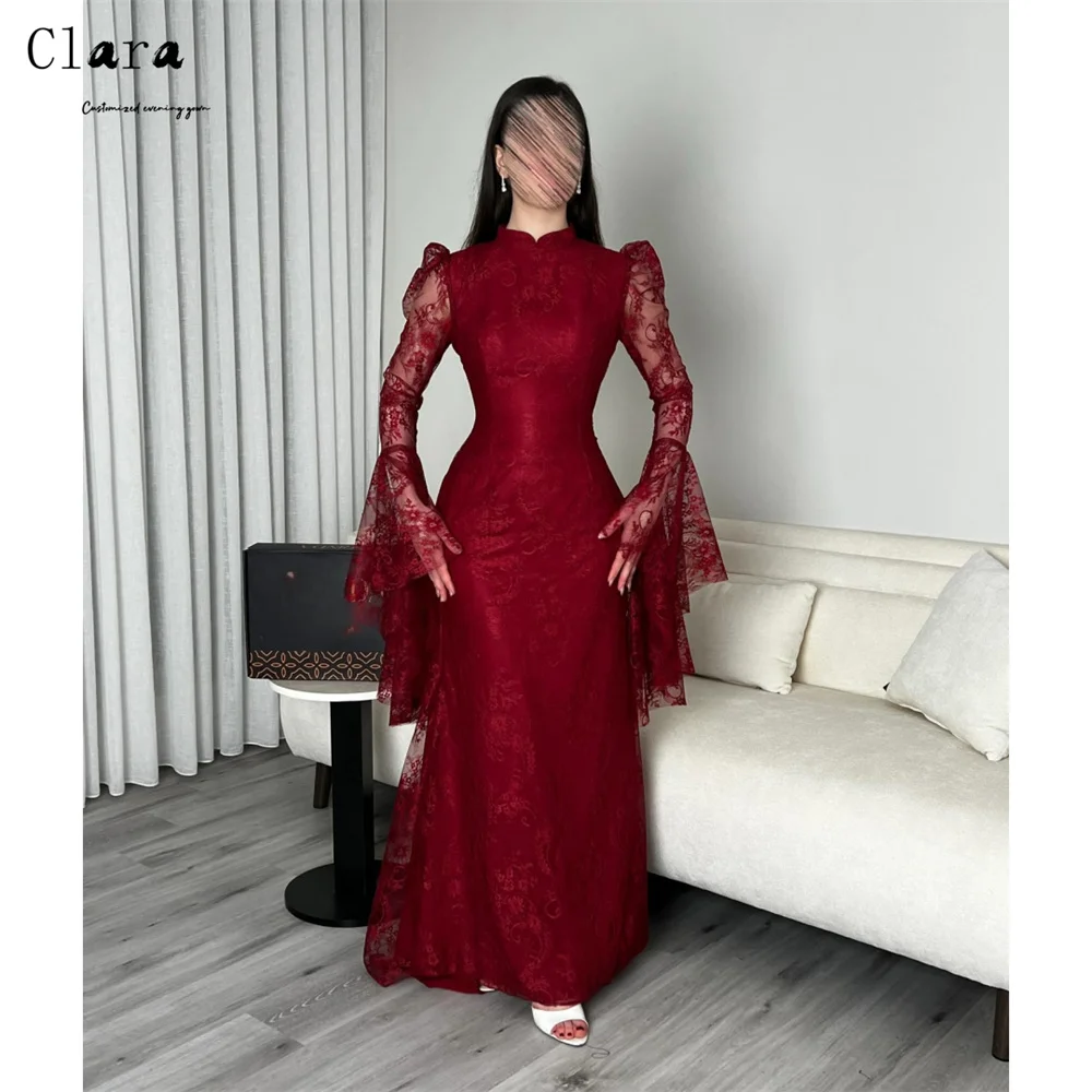 

Clara Custom Red Lace Embroidery Long Sleeves Bespoke Occasion Dresses 2026 Woman Luxury Evening Dress Elegant Womens Dresses