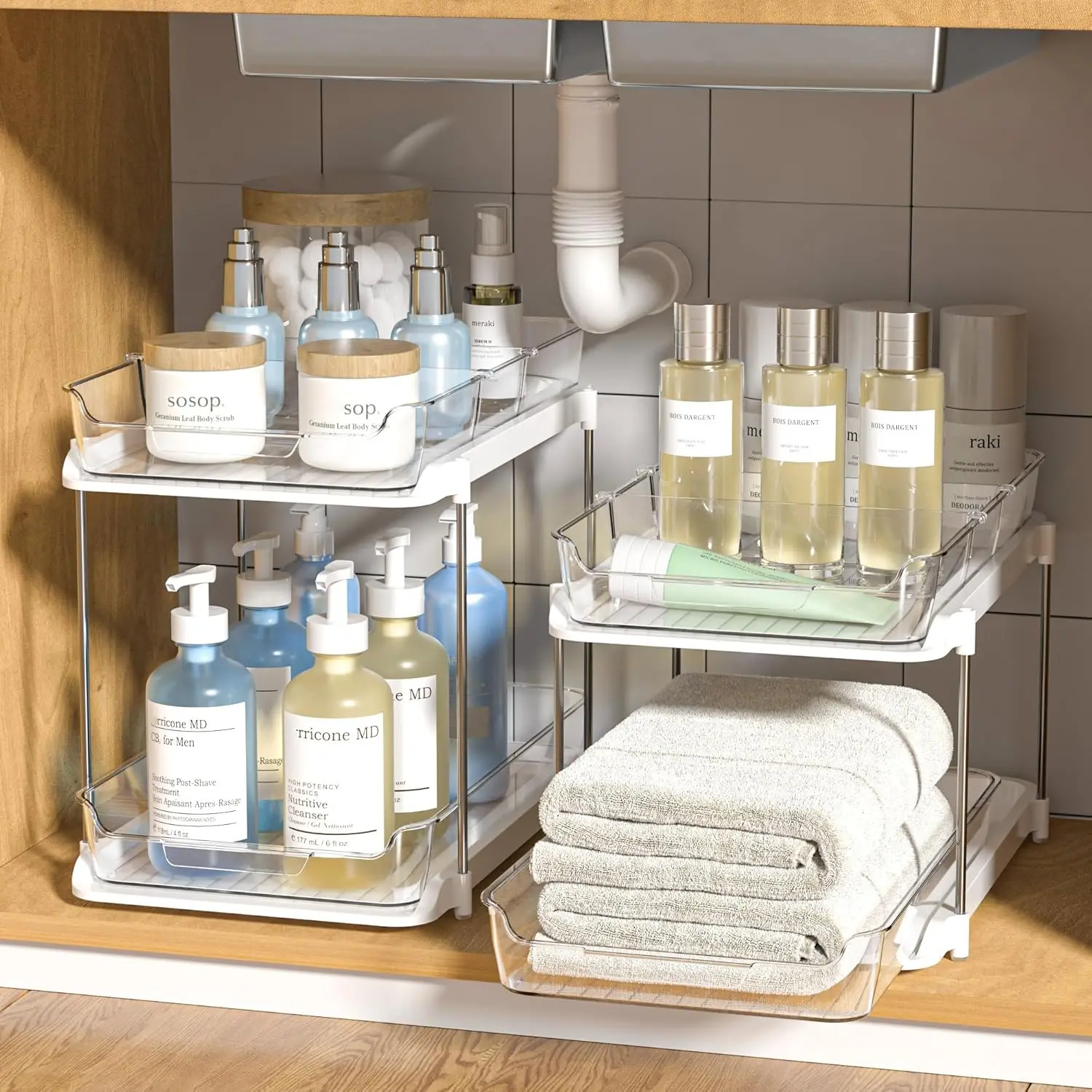 2 Sets of 2-Tier Multi-Purpose Bathroom Under Sink Organizers and Storage, Stackable Kitchen Pantry Organization