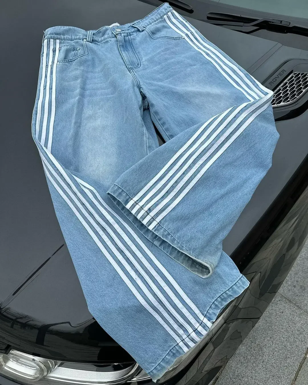 High Street Hip Hop Retro Blue Distressed Striped Denim Loose Pants Men's Y2K Harajuku Casual Simple Straight Leg Wide Leg Pants