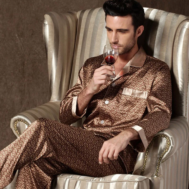 Mens Pajamas for Men Solid Long Sleeve Sleep Tops Trousers Thin Sleepwear Pijama Set Nightgown Male Satin Soft Sleeping Pajamas