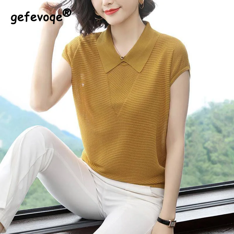 2023 Summer Lady New Square Neck Solid Color Tops Women Casual Fashion Loose Comfortable Hollow Refreshing KnittingT-shirt