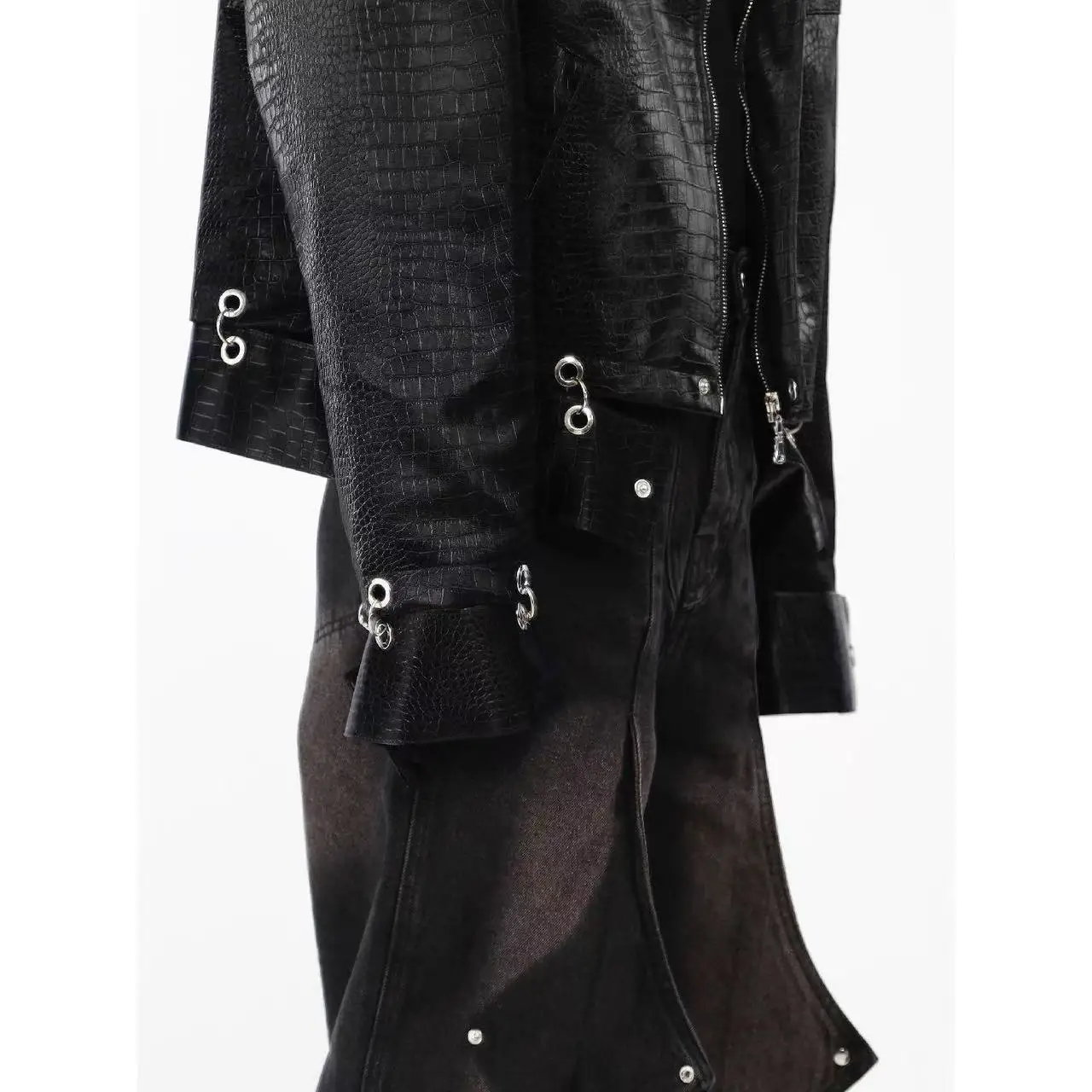 TIFICY Crocodile Patterned Shoulder Pad PU Leather Jacket Men's Patchwork Design High-end Black Jackets Top Men Clothing