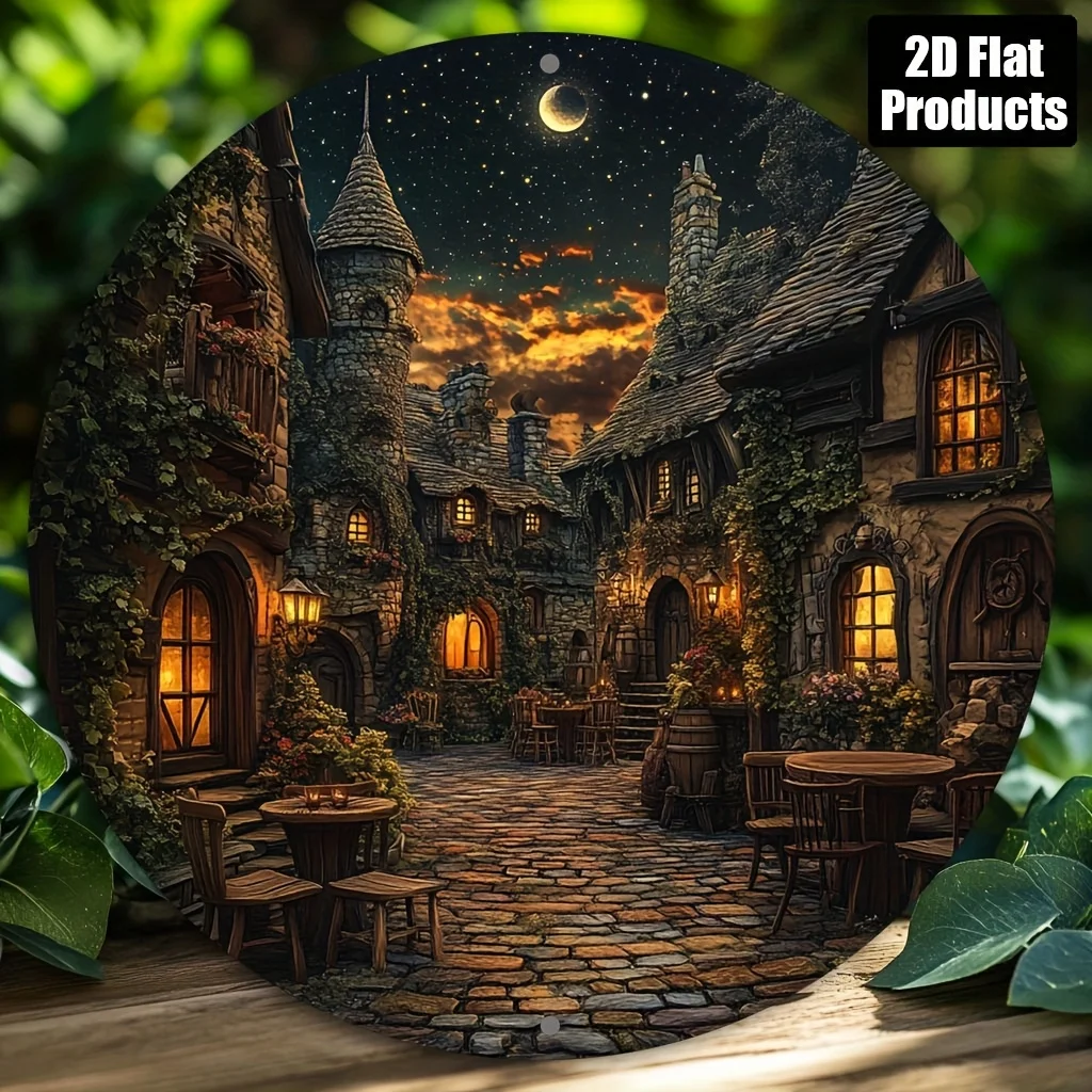 2D Flat, 2D Flat Print, rundes Aluminium-Metallschild, Nachtthema, geeignet für Bar, Küche, Café, Zuhause, Zimmer, Büro, Dekoration, Party-Deko