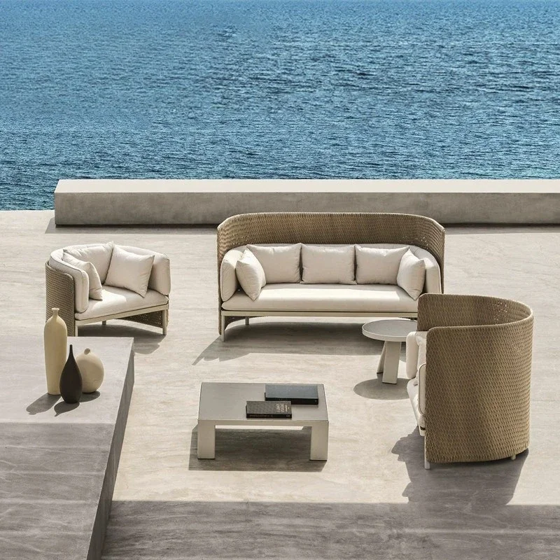 Outdoor rattan sofa villa courtyard sofa coffee table combination leisure open-air bed and breakfast hotel coffee table rattan