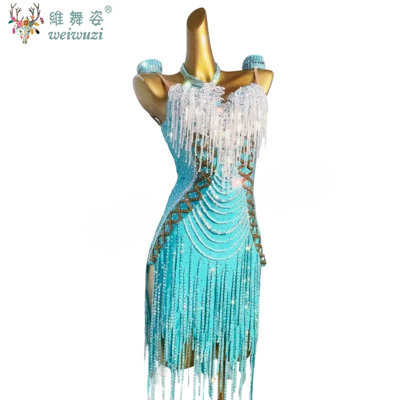 زي الرقص اللاتيني حجر الراين للنساء مخصص أداء رومبا تشاتشا زي تنورة الكبار اللاتينية المهنية شرابة فساتين #5