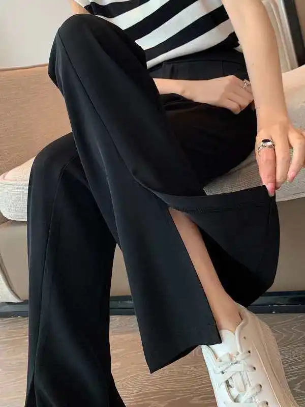 

Женские брюки с высокой талией и разрезами, весенне-летние повседневные брюки для офиса, из ПВХ-материала, со средней посадкой, для женщин среднего возраста