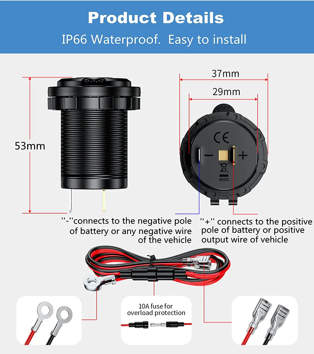 12V cigarette lighter socket waterproof socket replacement DIY kit is applicable to automobiles ships marine motorcycles