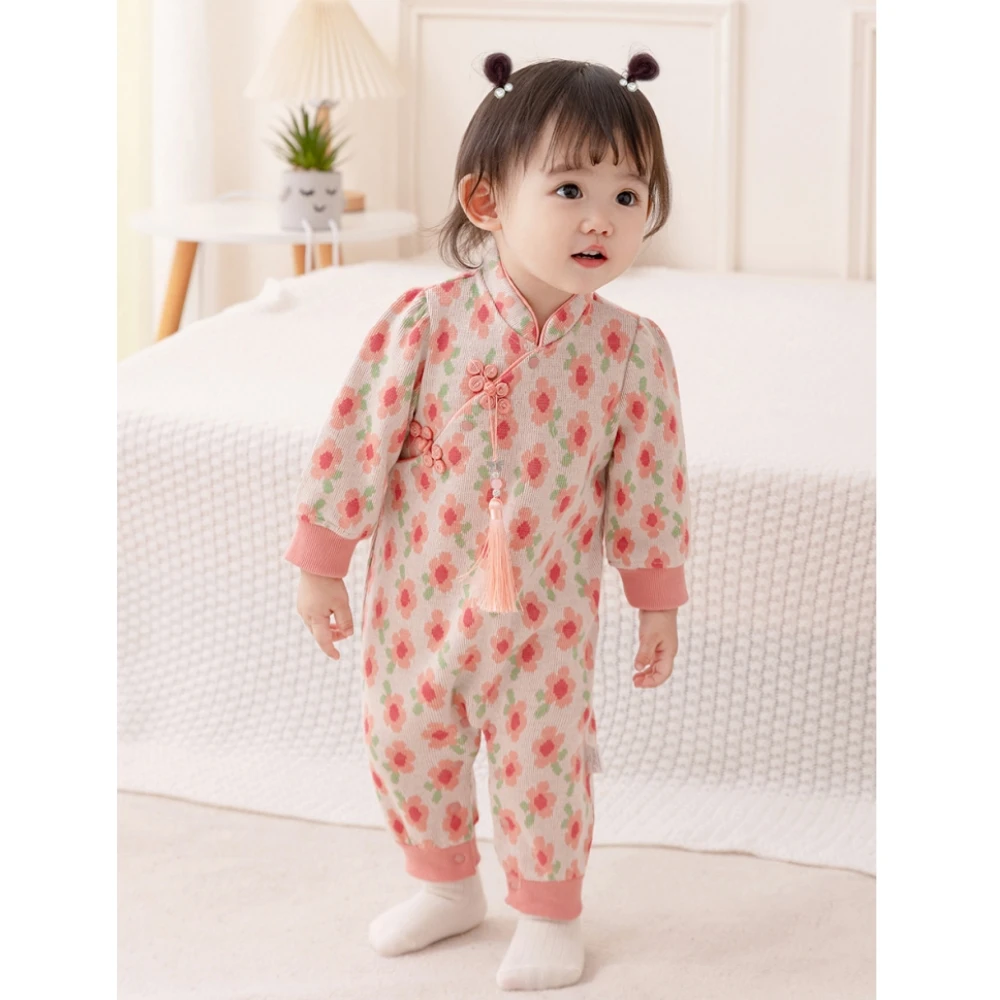 Baby 2024 Spring New Knitted Onesie Girl Baby Chinese Vintage Standing Collar Birthday Spring and Autumn Children's Wear Coats