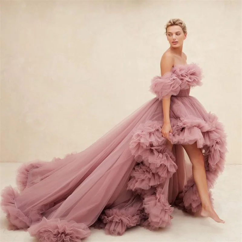 Customzied Exquisite Unique Pink Hi-Lo Tulle Robes Long Elegant Charming Ruffled Fluffy Wedding Dresses Temperament Bride Gowns