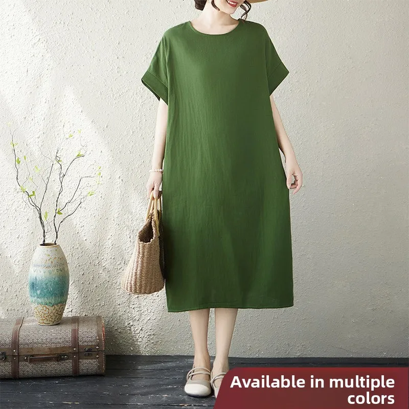 

Skin-Friendly Summer New plus Size Women's Dress Double Layered Green Artistic Short Sleeve Midi Dress for Ladies City Walk