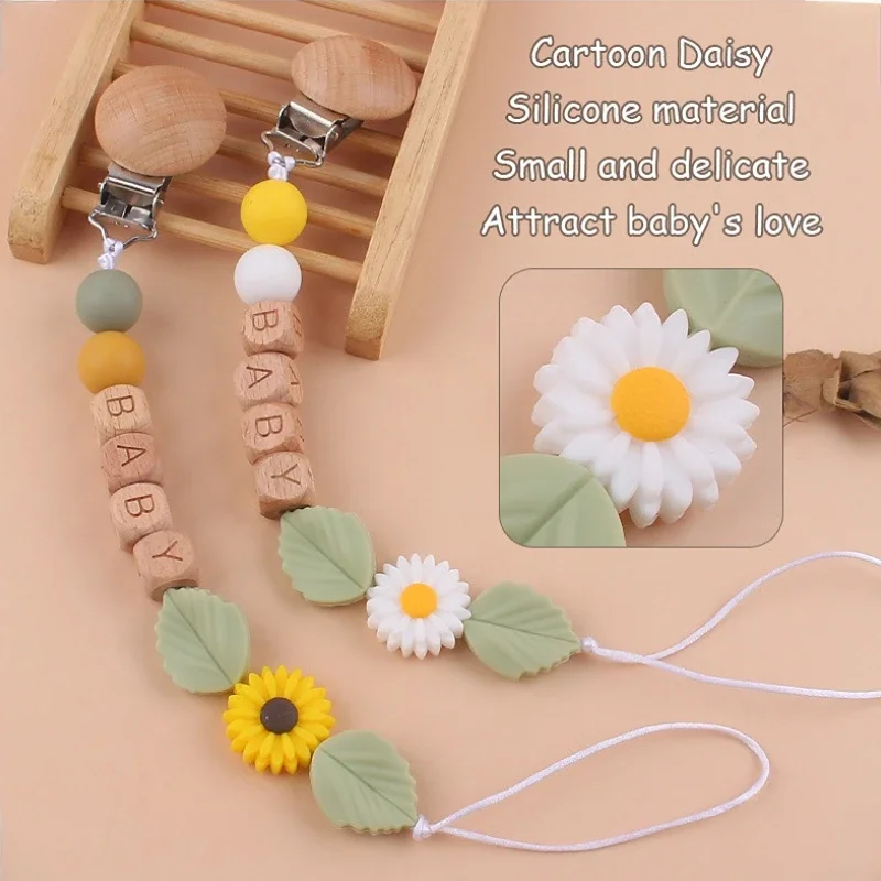 Personalized Name Baby Pacifier Clips Wooden Love Flower Silicone Beads  Teethers Dummy Nipple Holder Clip Newborn Teething Toys