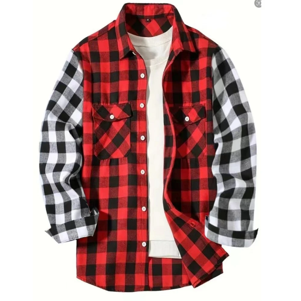 Men's Casual Plaid Patchwork Shirts Long Sleeve Lapel Plaid Casual Loose Top Coat Street Retro Korean Fashion Shirt S-3XL