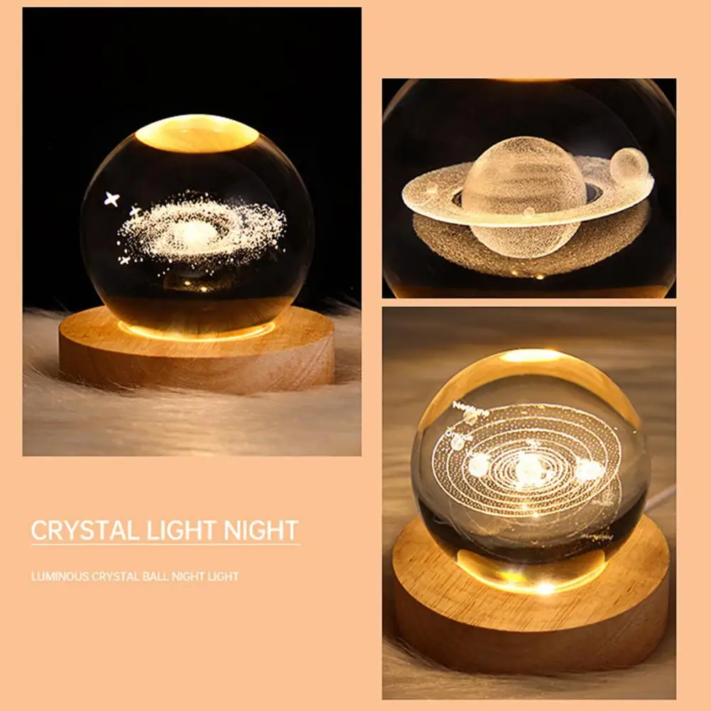 Led Night Light 3d Engraved Milky Way System Ball Night Light with Wooden Base Usb Plug-play or Charging Bedside for Desktop