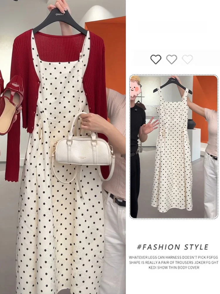 

2026 Summer New Pure Color Sun Protection Knitted Cardigan And Polka Dot Dress Set Women's Fashion Casual Wear High Waist