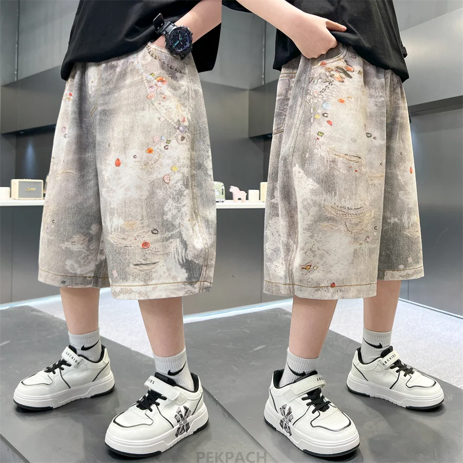 

Kids Children Hip Hop Fashion Street Clothing Graphic Printing Style Denim Shorts for Boys Trendy Bottoms Knee Length Jeans 5-14