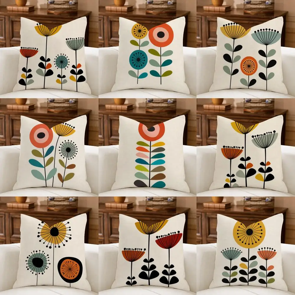 Mid-century Geometric Floral Art Cushion Cover Natural Breathable Durable Linen Printed Decor Pillow Case Sofa Bedroom