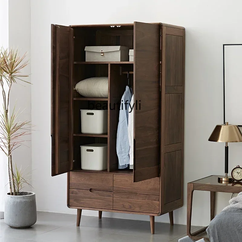 SS ss7486 Nordic black walnut solid wood wardrobe household bedroom simple modern two-door wardrobe, locker