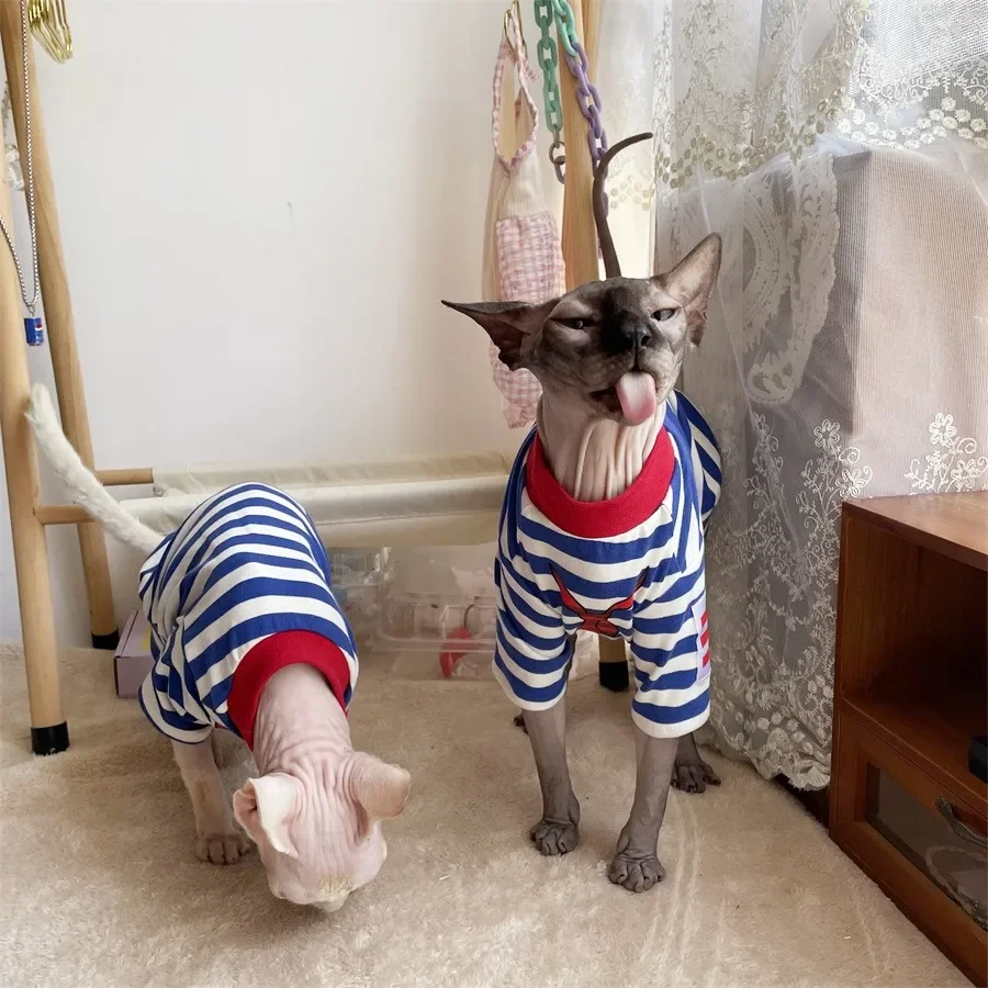 Sphynx Cat Clothes Hairless Cat Stripped UnderCoat Skin-Friendly T-shirt for Cat Dogs Chinese School Uniforms For Spring Outwear