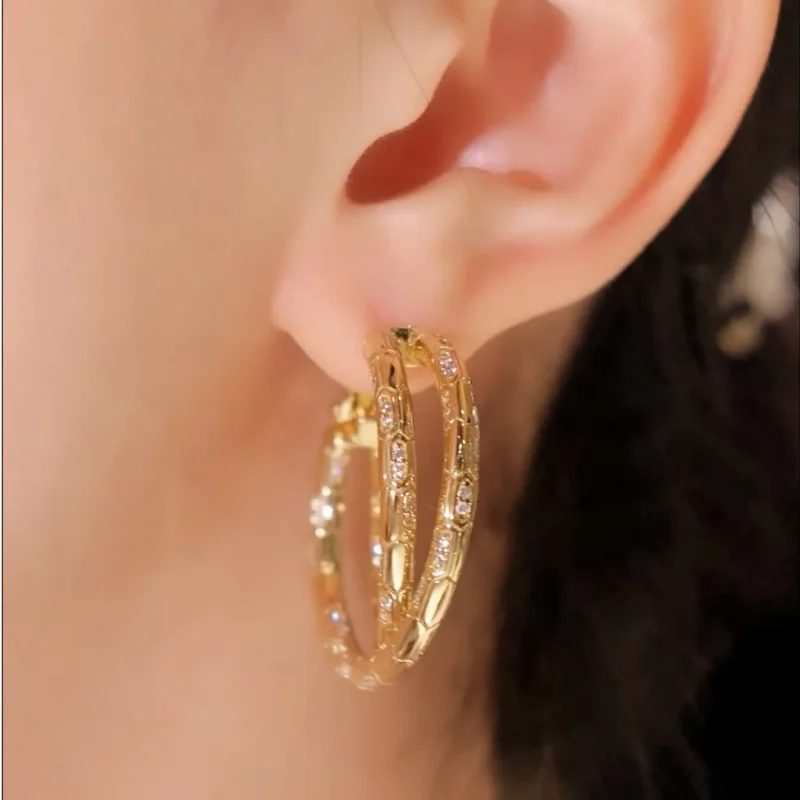 Cameo Fashion Earrings 925 Sterling Silver Yellow Gold-Plated Cubic Zirconia Double Loop Snake Design Jewelry Earrings Hoop