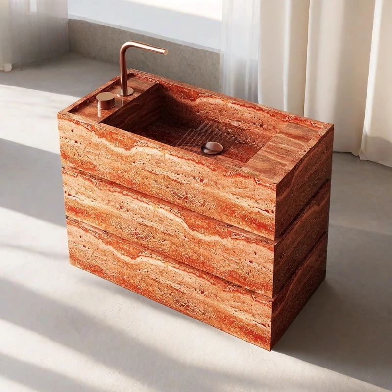 

Red travertine rock slab marble floor-to-ceiling hand wash basin cabinet