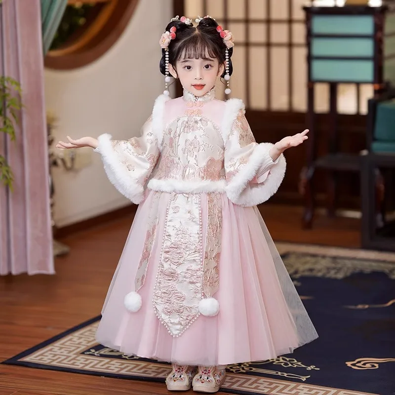 

Chinese Style Girl Hanfu Thickened Little Girl Ancient Winter New Year Pink Plush Edge Embroidery Tang Costume Skirt KKawaii