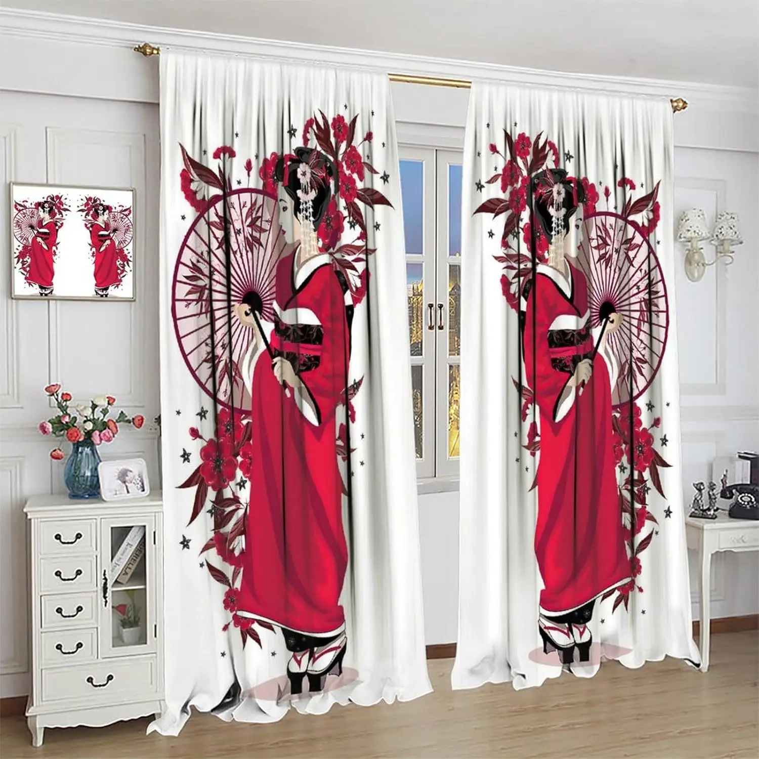 Asian Japanese Curtains, Lady in Kimono with Flowers and Umbrella Traditional Clothes Art Window Drapes, for Living Room Bedroom