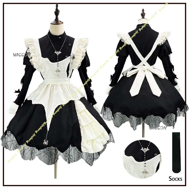 

Halloween Cosplay Costumes Dark Style Puffed-sleeve Maid Dress Gothic Lolita Y2K Cute Girls Socks Women Christmas Skirts Black