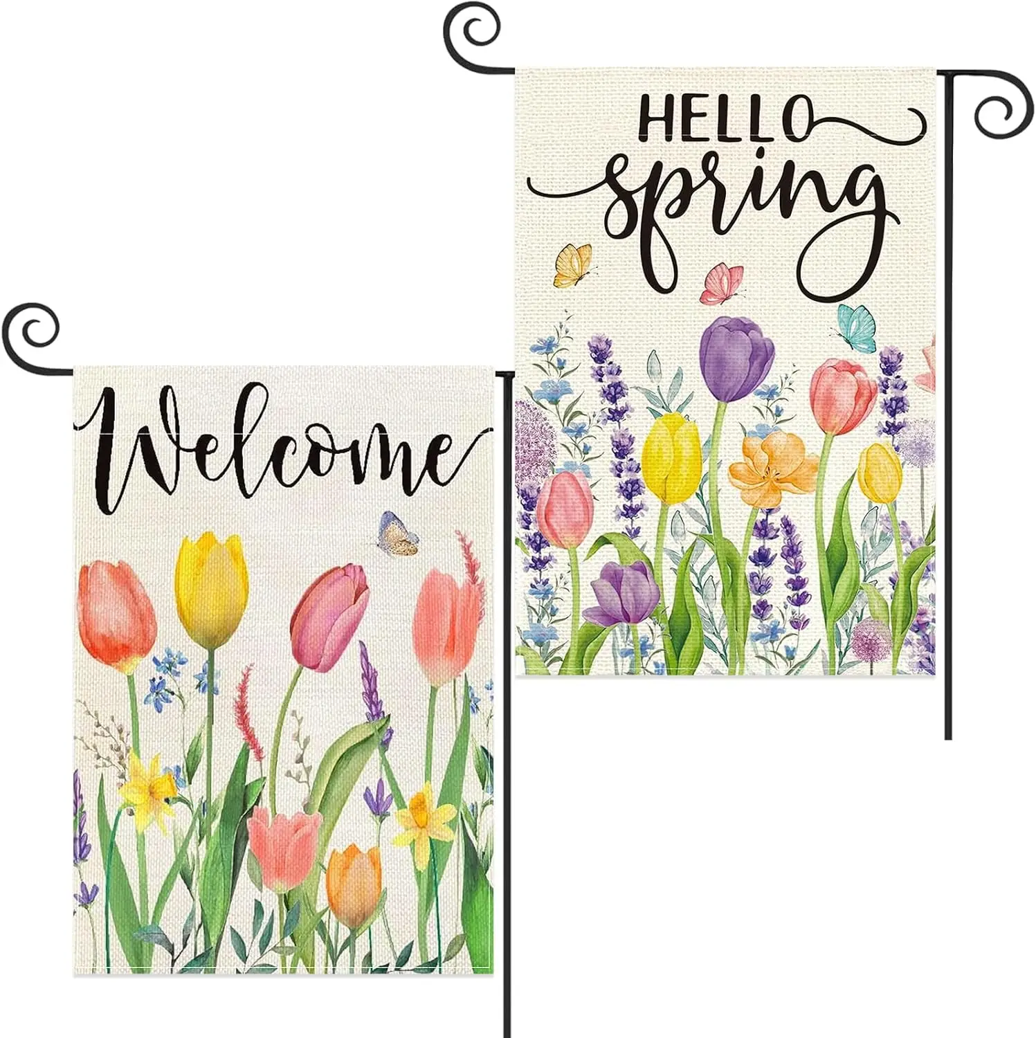 2 Pack Spring Garden Flag Floral 12 x 18 Inch Double Sided Burlap Hello Spring Tulip Lavender Welcome Garden Flag for Holiday Ou