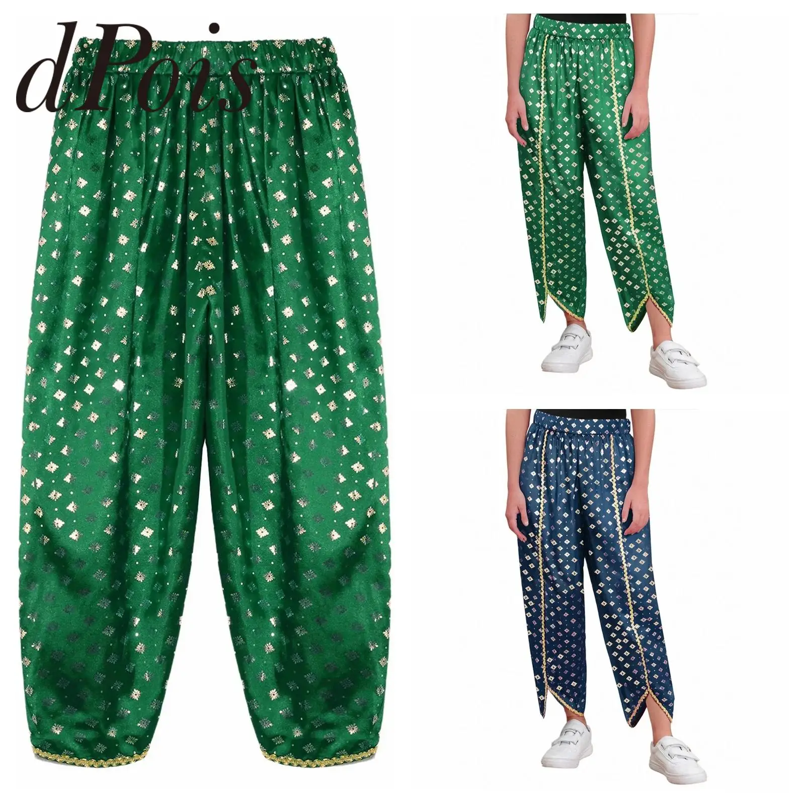 

Традиционное этническое индийское платье для девочек, атласные штаны с золотой отделкой и металлическим принтом, детские тематические вечерние брюки для косплея на Хэллоуин