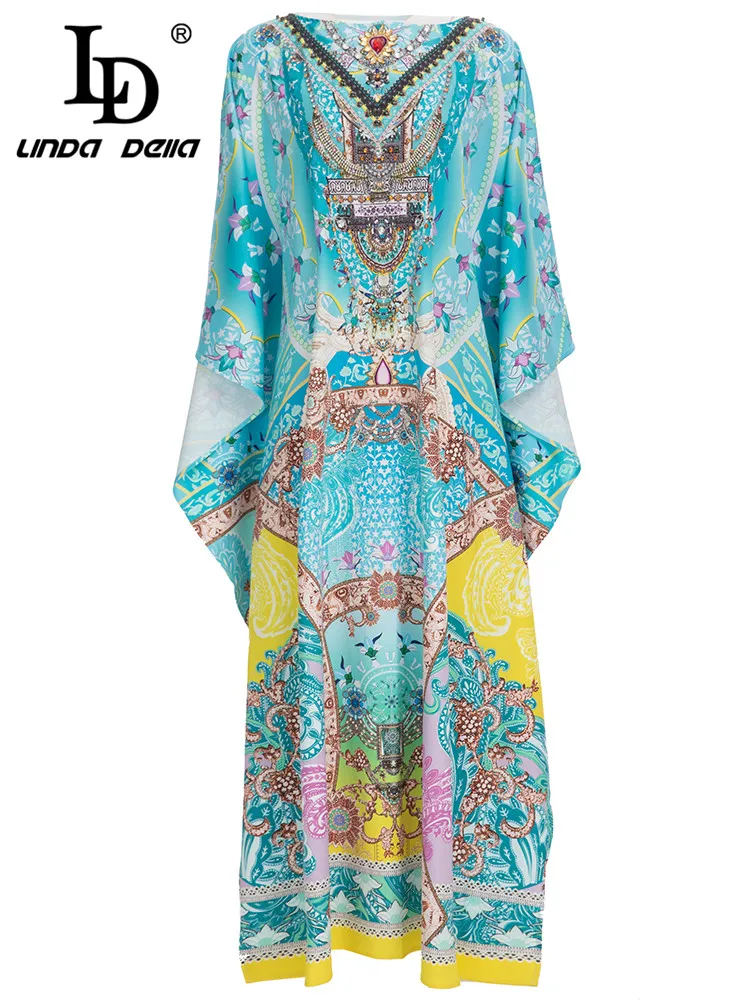 

LD LINDA DELLA Autumn Designer Runway Long Dress Women's Batwing Sleeve Beading Vintage Floral print Loose Maxi Dresses 2022