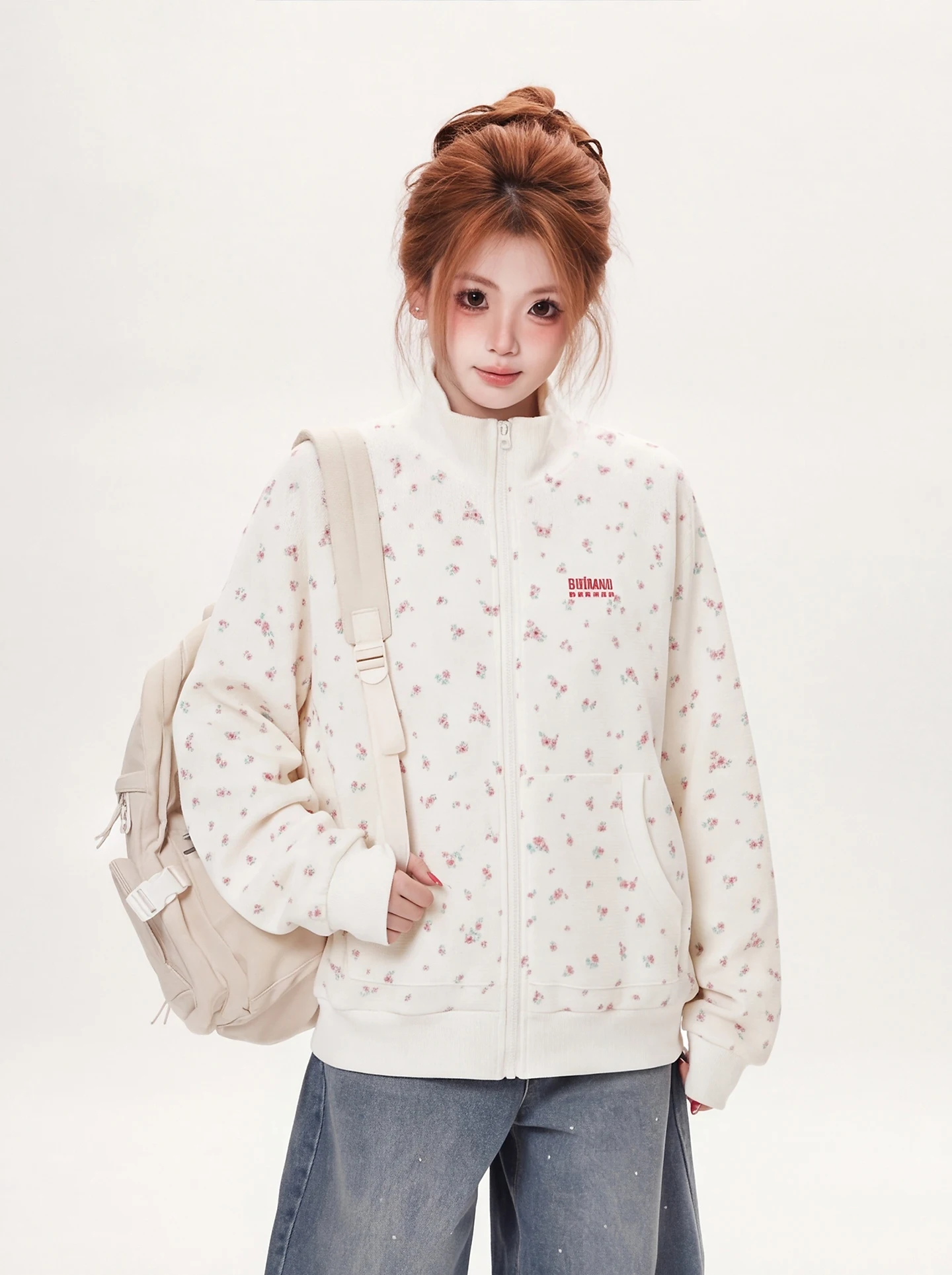 Ant Sweet Floral Print Stand Collar Open Cardigan Women's Loose Versatile Age-Defying Short Jacket Autumn 2026 Casual Style