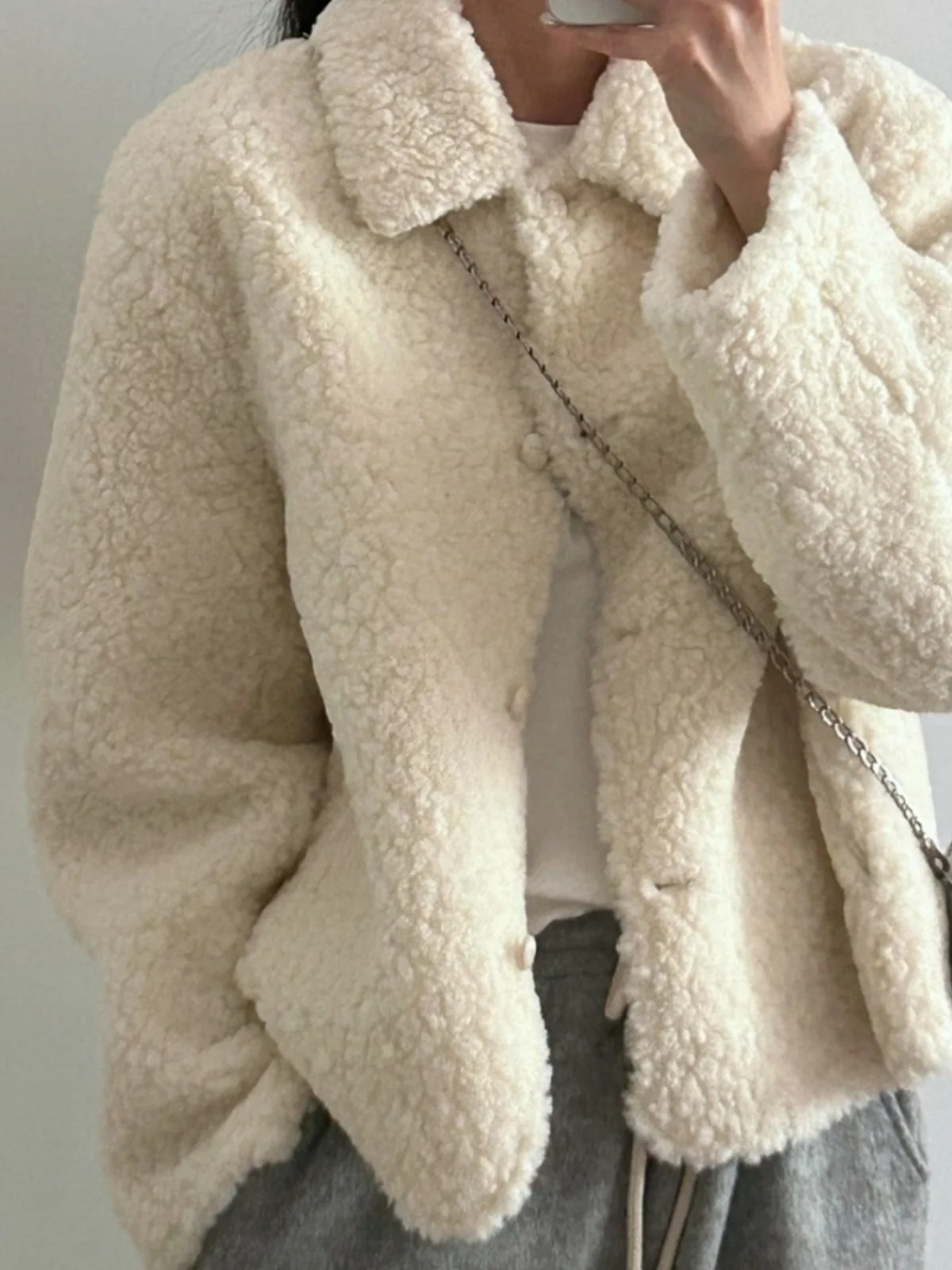 

Winter Faion Korean Sle Lamb Fur ort Jaet Coat Women's New Model Single Button Turn-down Collar Inteated Leather Hair