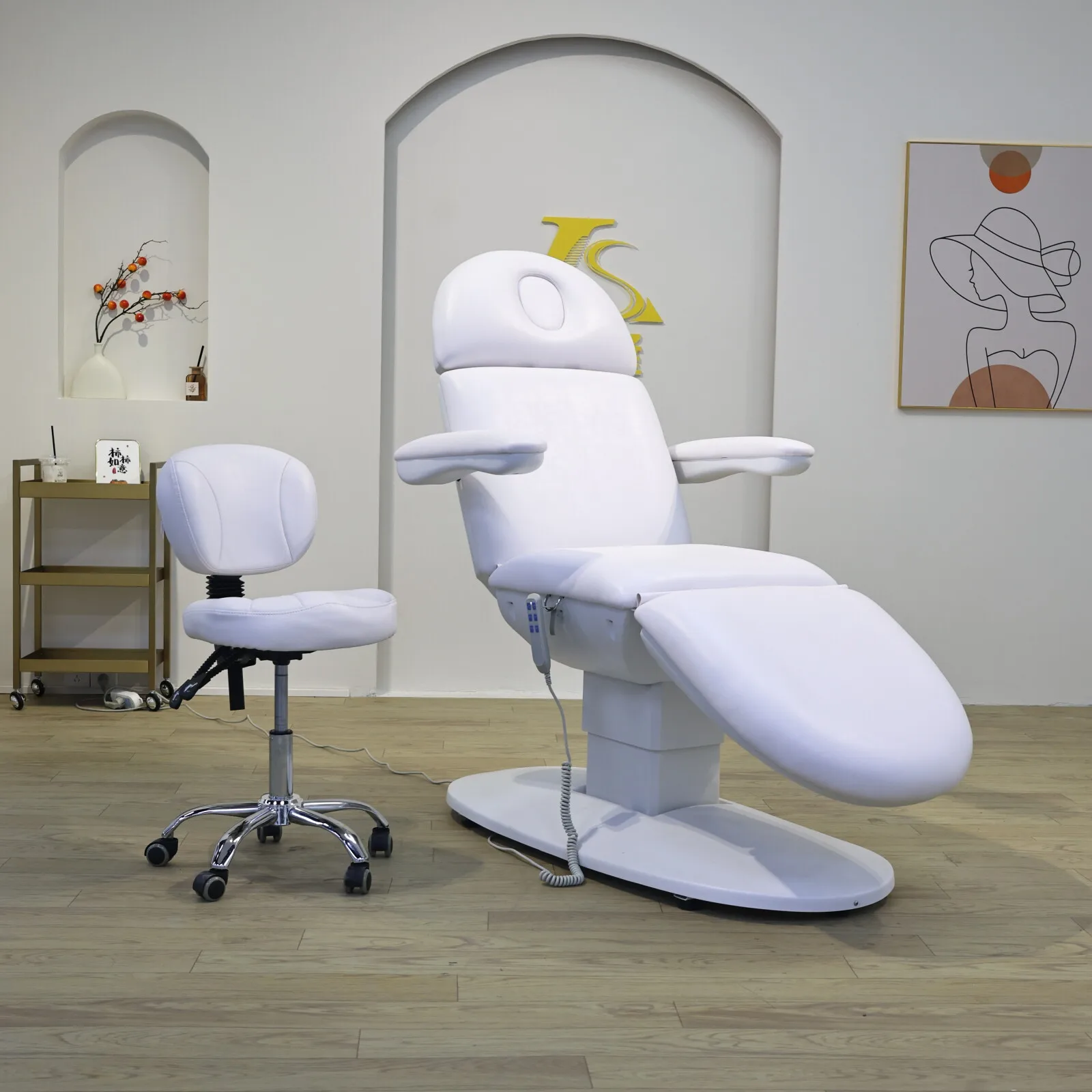 Electric Beauty Chair Adjustable Facial Bed with Headrest Face Hole Armrests Spa Lash Tattoo Massage Treatment Chair White