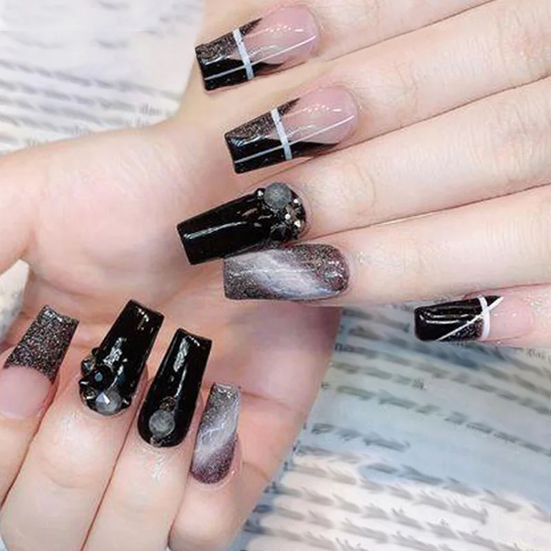 24 pçs marrom mancha imprensa em unhas retro caixão de comprimento médio destacável arte do prego com cola geléia dicas de unhas falsas francesas para mulher