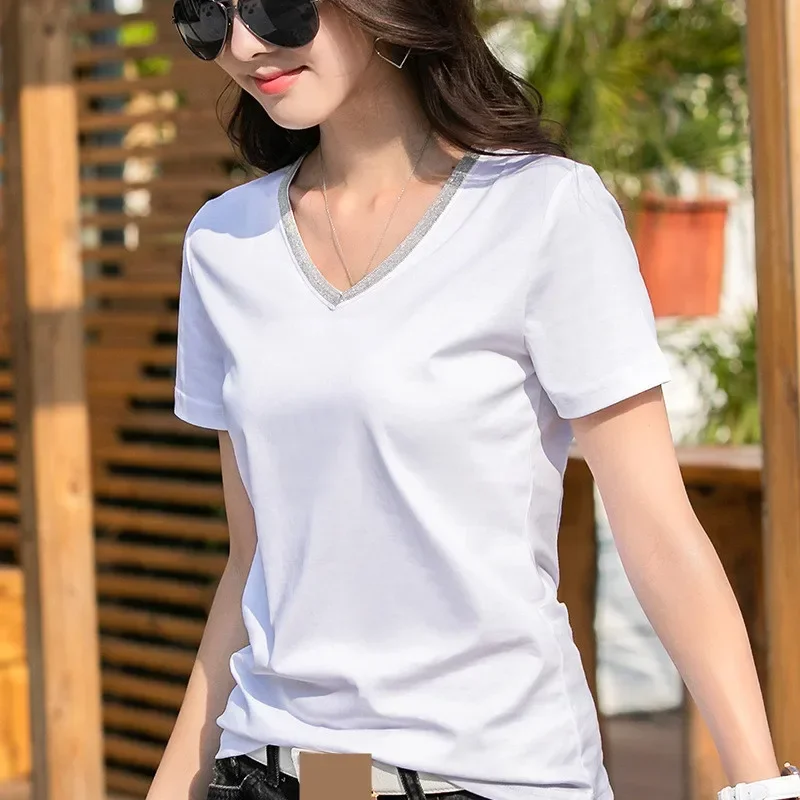 

MRMT 2025 Brand New Cotton Women's T-Shirt Short Sleeve Metal Chain V Collar Leisure T-shirt for Female Solid Color Tops Tshirt