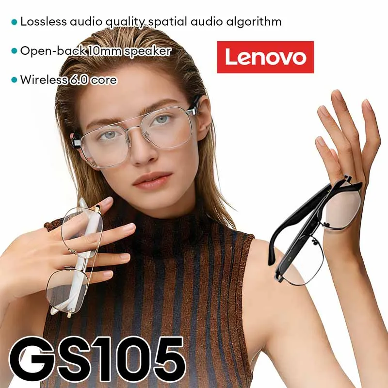 Lenovo GS105 AI Smart Glasses Bluetooth 6.0 Sunglasses HD Calls Music Headphones ENC Noise Cancellation Dual Mic For Men Women