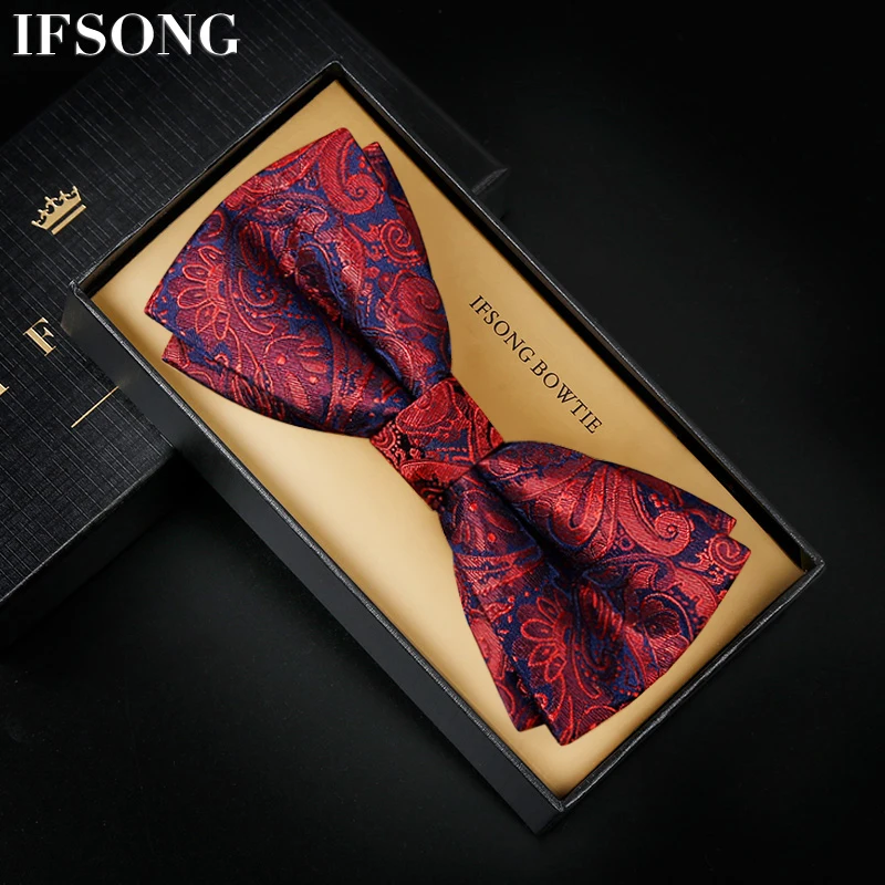 Wine Red Black and Dark Blue Paisley Patterned Bow Tie For Men's Weddings Double Layered High-end Personalized Fashion Bow Tie