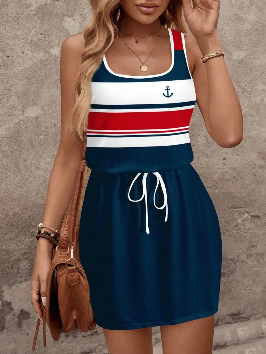 Women's Spring and Summer Fashionable Striped Printed Sleeveless Vest Dress