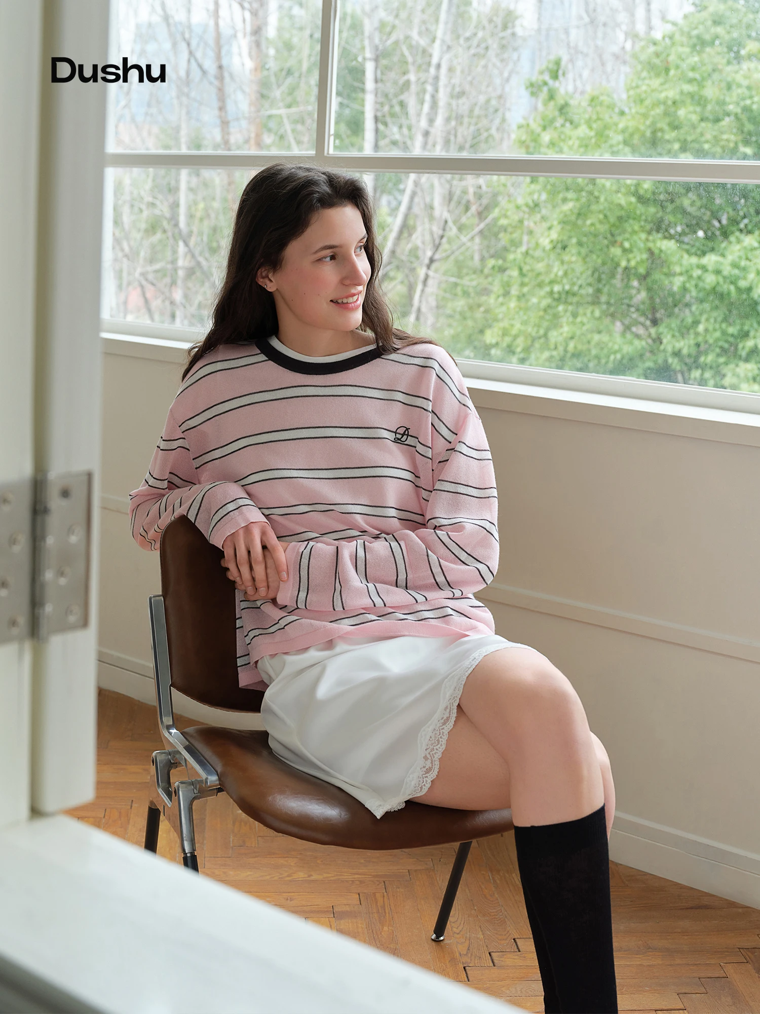 

DUSHU 【Women's Peach Ice Berry Color Block Stripe Knit Top】 2026 Summer New Arrival Slimming Knit Sweater Long-sleeved T-shirt