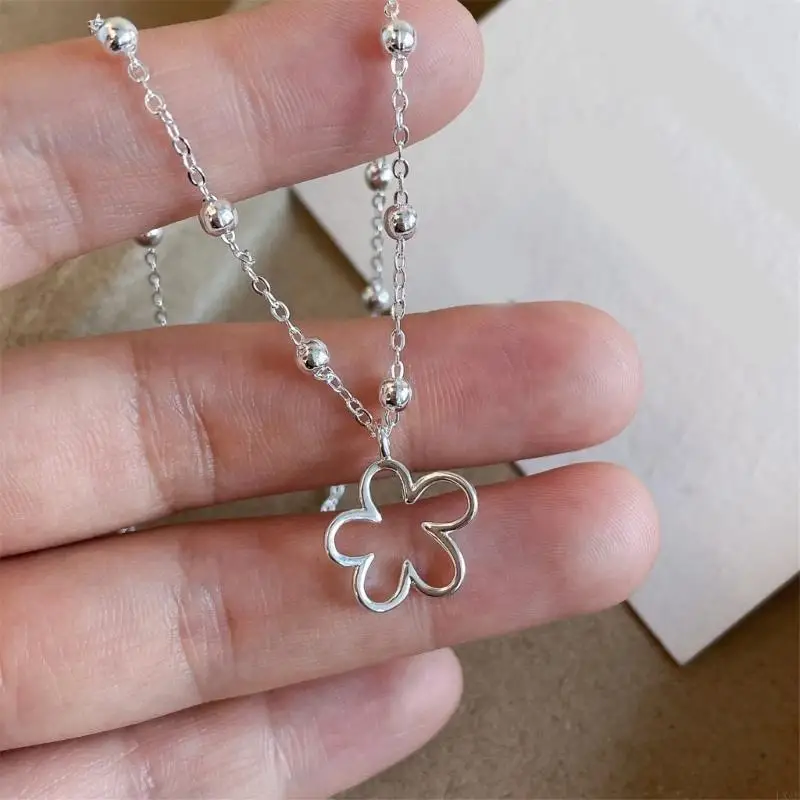 Flower Pendant Necklace for Women Silver Tone Open Outline Floral Necklace with 45 Chain for Daily Wear, Commute Styling and