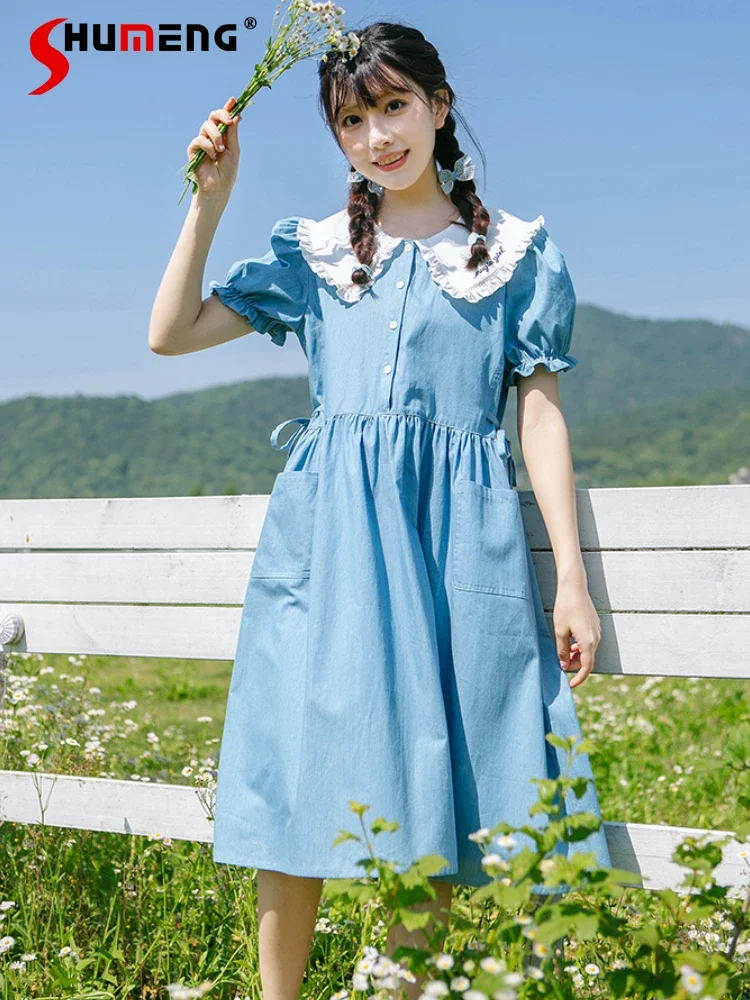 

Sweet Preppy Style Young Girl Dress Embroidery Doll Collar Puff Short Sleeve Single-breasted High Waist A-line Blue Dress Women