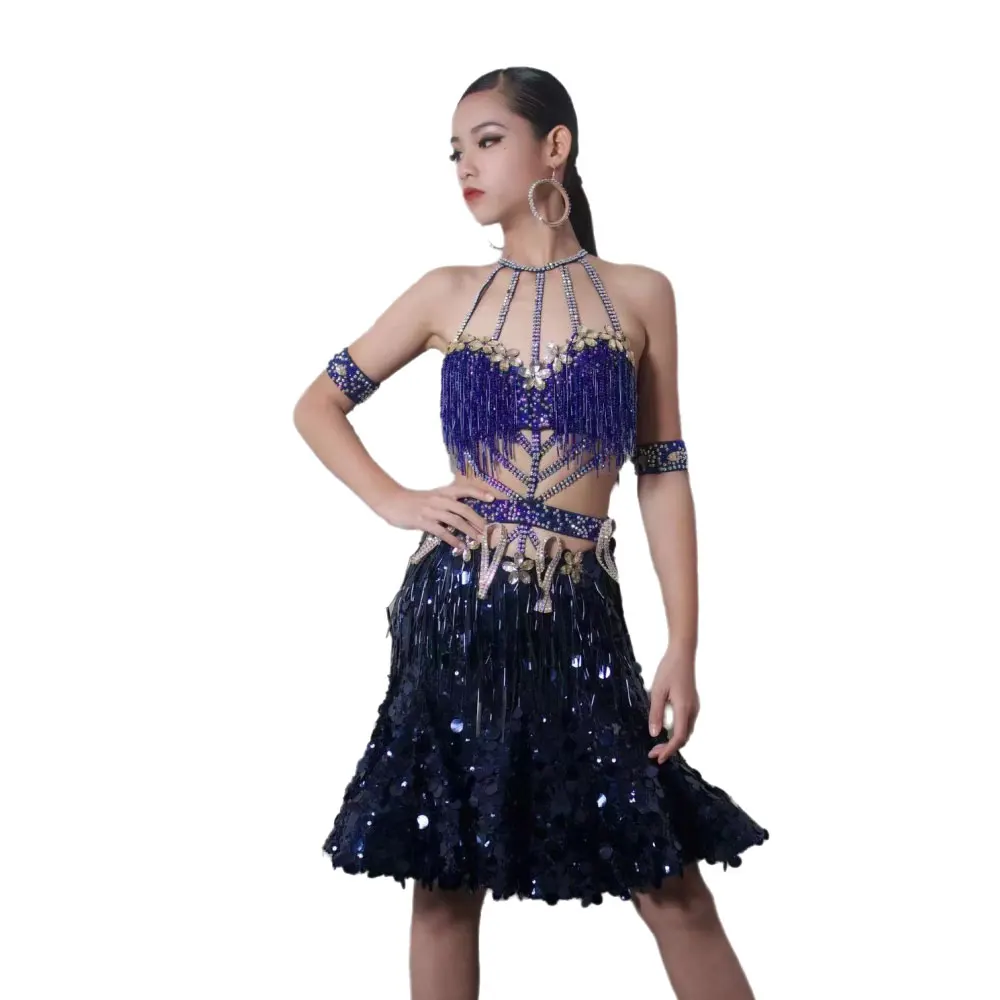 Concorso di danza latina Abito da donna con strass per performance di samba, catena in vita personalizzata di fascia alta, perline blu, nappa